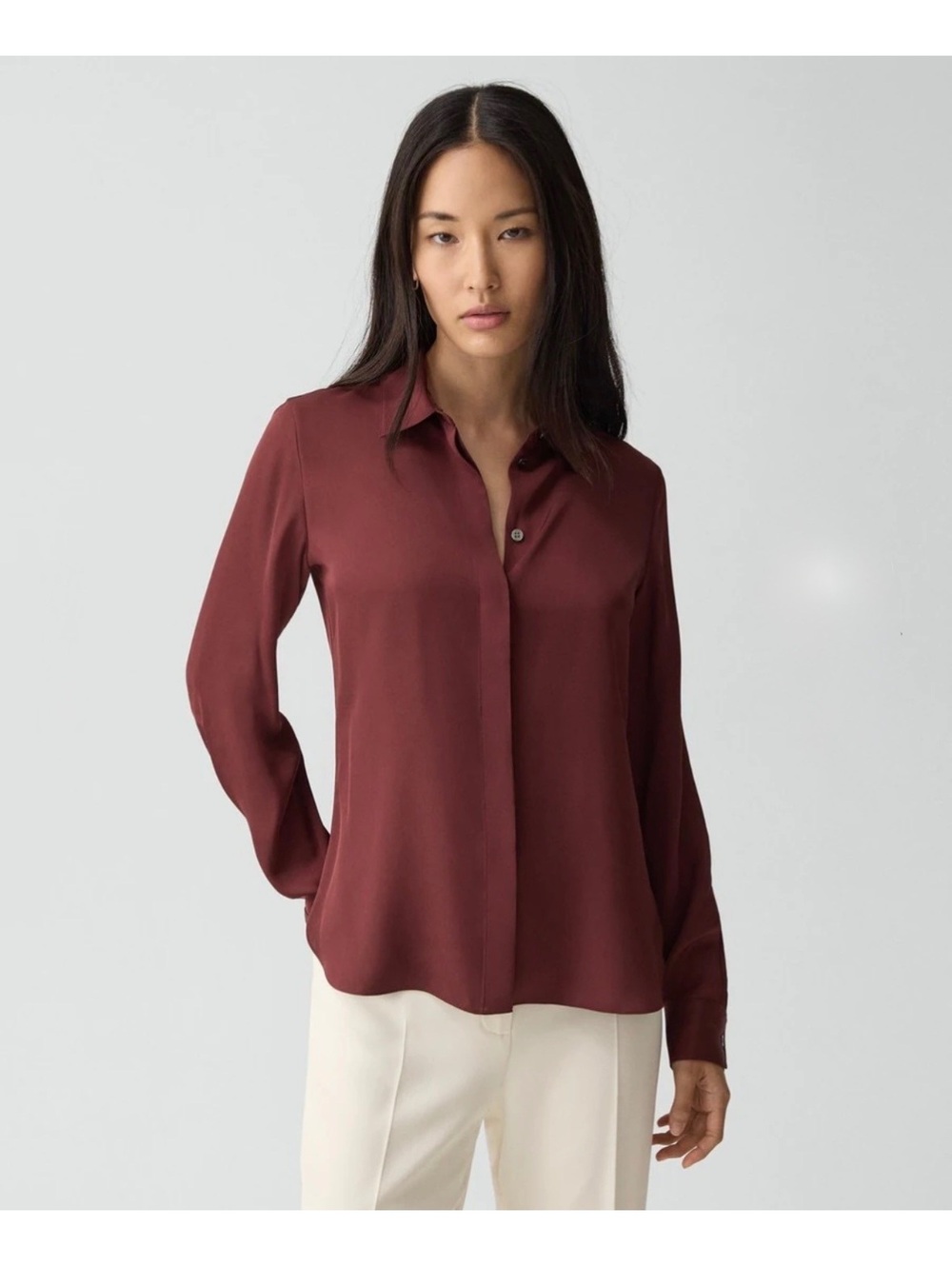 Theory Fitted Silk Georgette Shirt Women P Oxblood Burgundy 100% Silk Blouse